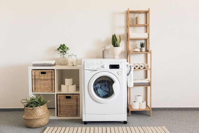 A modern laundry area featuring a washing machine, shelving, and decorative plants.