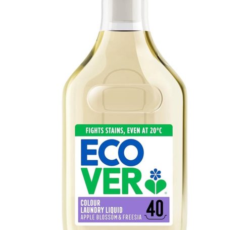 Eco-friendly liquid laundry detergent in a clear bottle with a green and blue label.